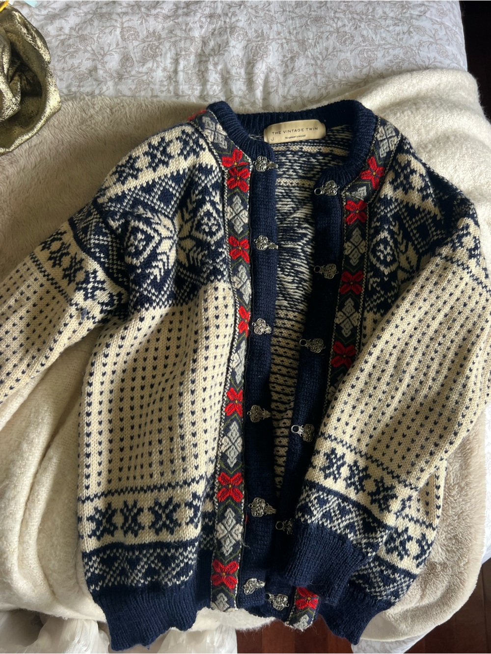 Navy & Cream Nordic Knit Cardigan with Red Accents